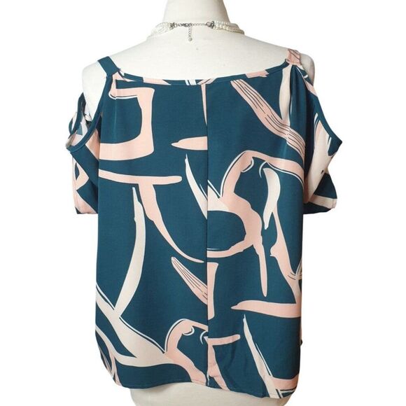 Emery Rose Womens Cold Shoulder Blouse L Gold Hooks Abstract Green & Peach Luxe - Picture 2 of 8